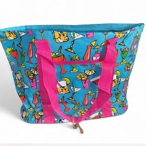 Colorful Cocktail Print Beach Tote Bag | Pink Handles | Large Summer Bag